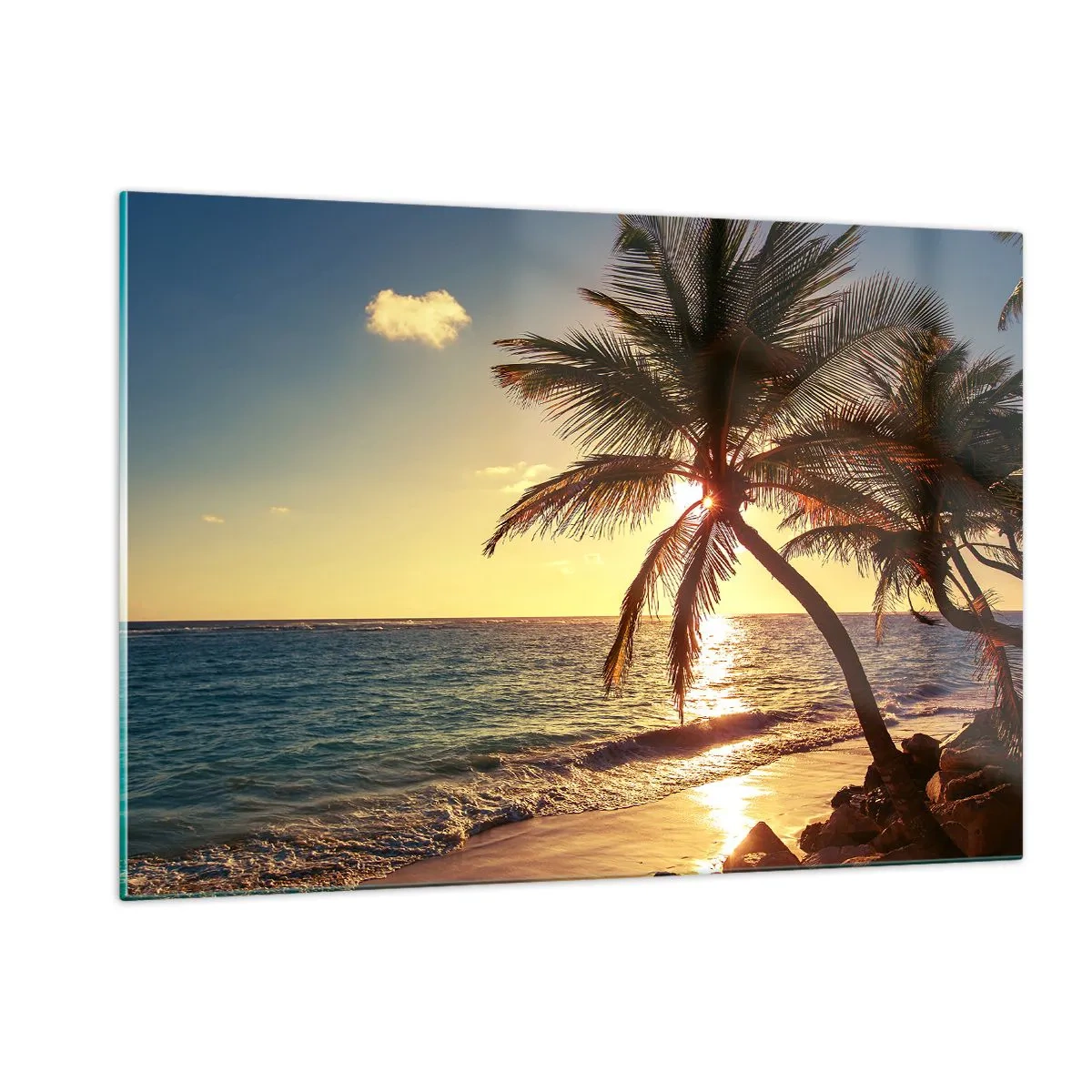 Quadro su vetro - Spiaggia tropicale con palme alla luce del sole al tramonto - 120x80cm - Estate sotto le palme - Decorazione murale moderna per soggiorno e camera da letto ARTTOR