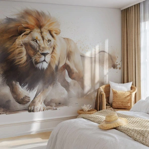 Fotomurali Premium Sand - Un maestoso leone in movimento nella forma artistica dell'acquerello - 100x70cm - Il re si è mosso - Decorazione murale moderna per soggiorno e camera da letto ARTTOR