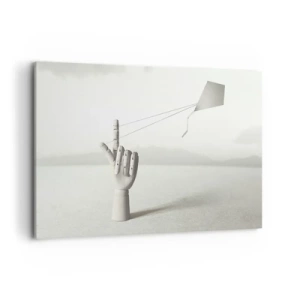 Quadro su tela - Stampe su Tela - Una mano di legno minimalista con un aquilone su uno sfondo paesaggistico. - 120x80cm - Prova di forza - Decorazione murale moderna per soggiorno e camera da letto ARTTOR