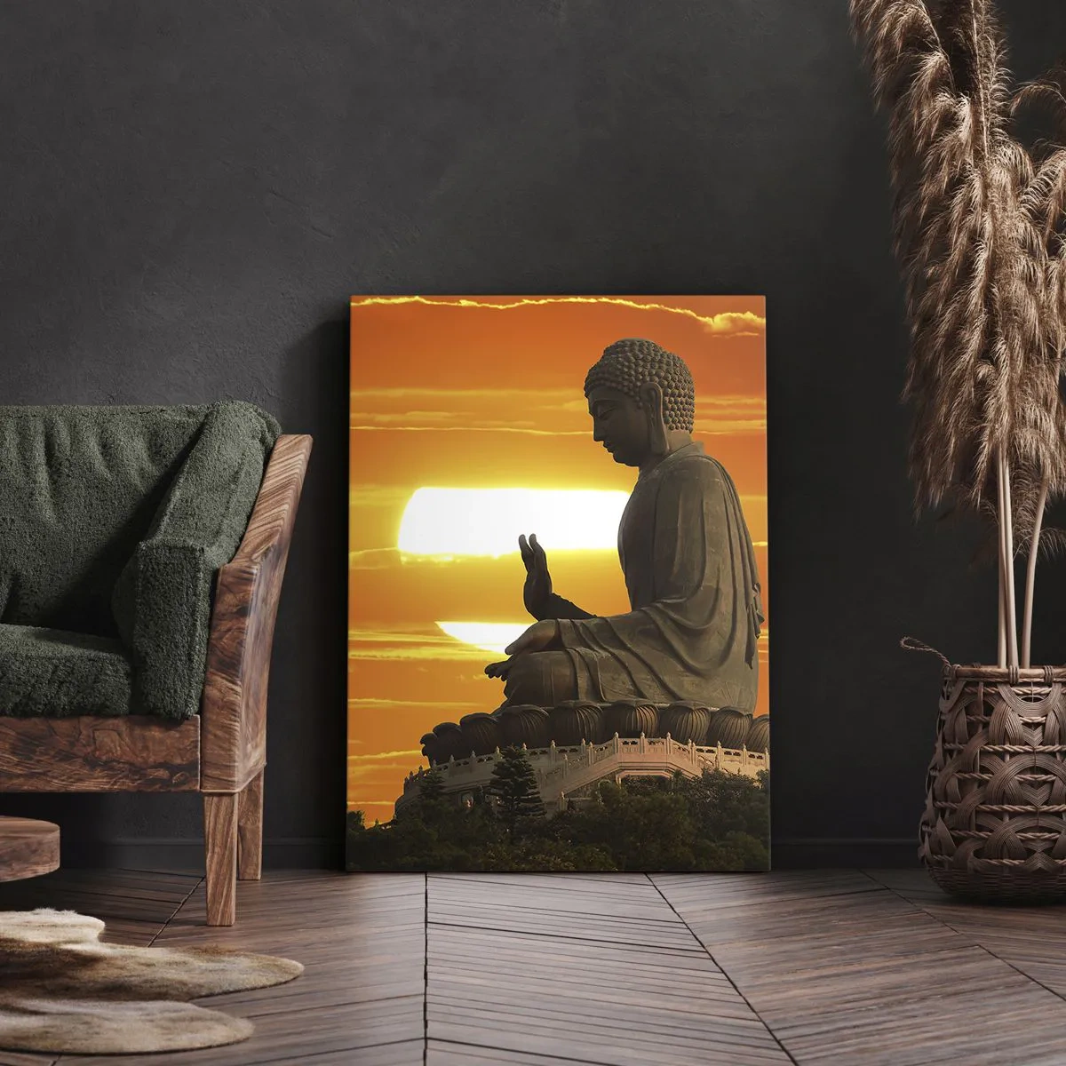 Quadro su tela - Stampe su Tela - Una statua buddista sullo sfondo di un tramonto arancione - 50x70cm - Senza paura davanti al mondo - Decorazione murale moderna per soggiorno e camera da letto ARTTOR