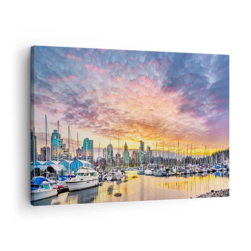 Quadro su tela - Stampe su Tela - Marina con yacht e paesaggio urbano al tramonto - 70x50cm - La città dei mille marinai - Decorazione murale moderna per soggiorno e camera da letto ARTTOR