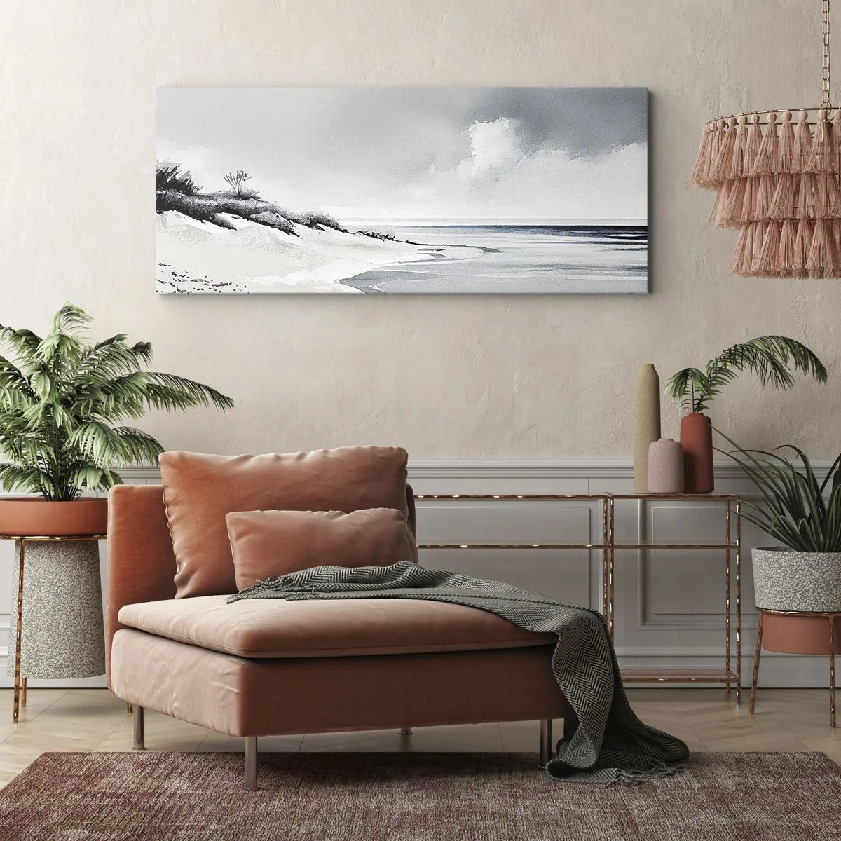 Quadro su tela - Stampe su Tela - Una spiaggia dalle tenui tonalità di grigio e blu - 120x50cm - Insieme da sempre - Decorazione murale moderna per soggiorno e camera da letto ARTTOR