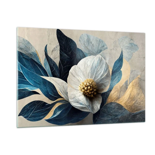 Quadro su vetro - Una composizione floreale bianca con foglie blu navy e un centro dorato - 120x80cm - Ha un cuore d'oro - Decorazione murale moderna per soggiorno e camera da letto ARTTOR