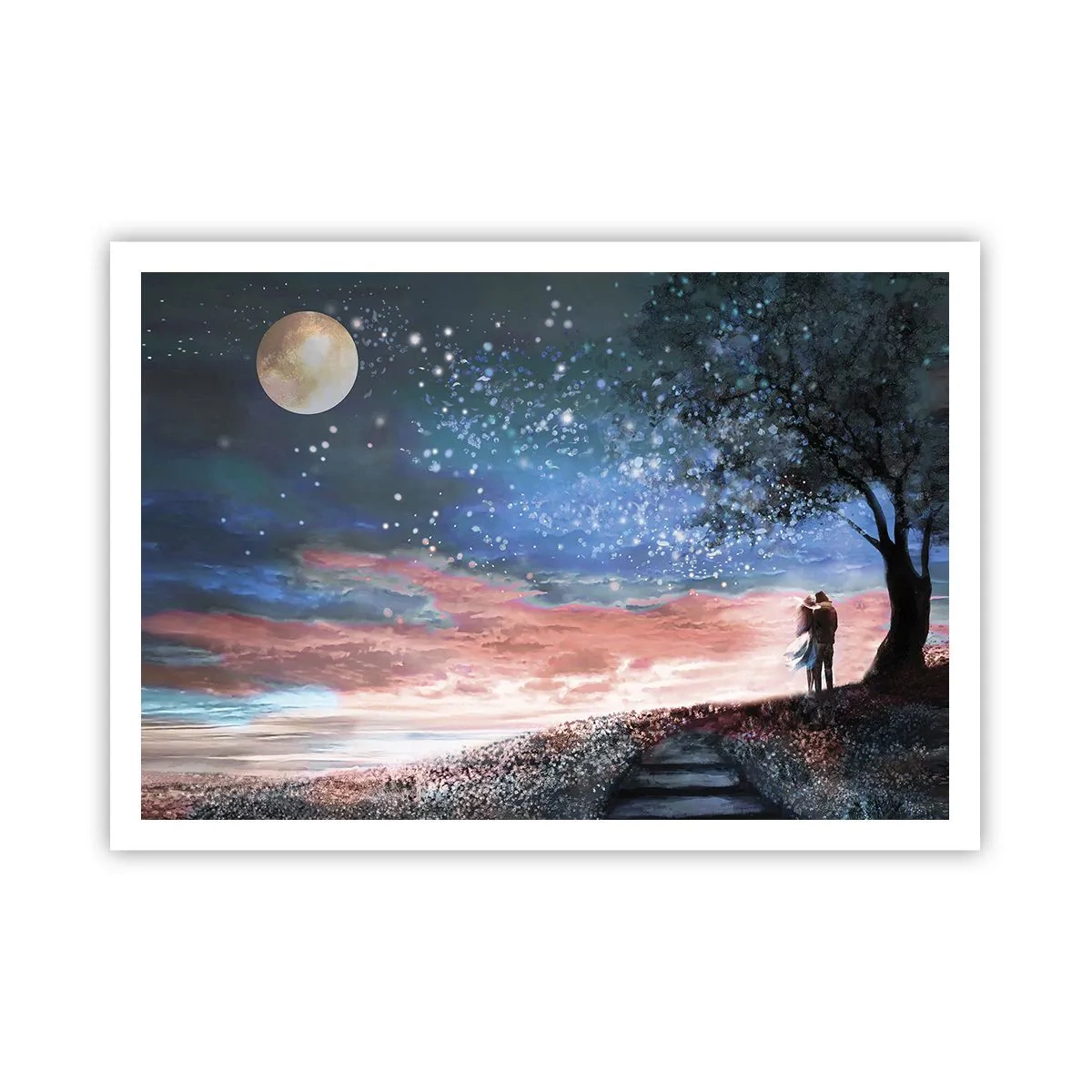 Poster - Scena romantica di coppia sotto la luna piena - 100x70cm - Lo spettacolo delle stelle - Decorazione murale moderna per soggiorno e camera da letto ARTTOR
