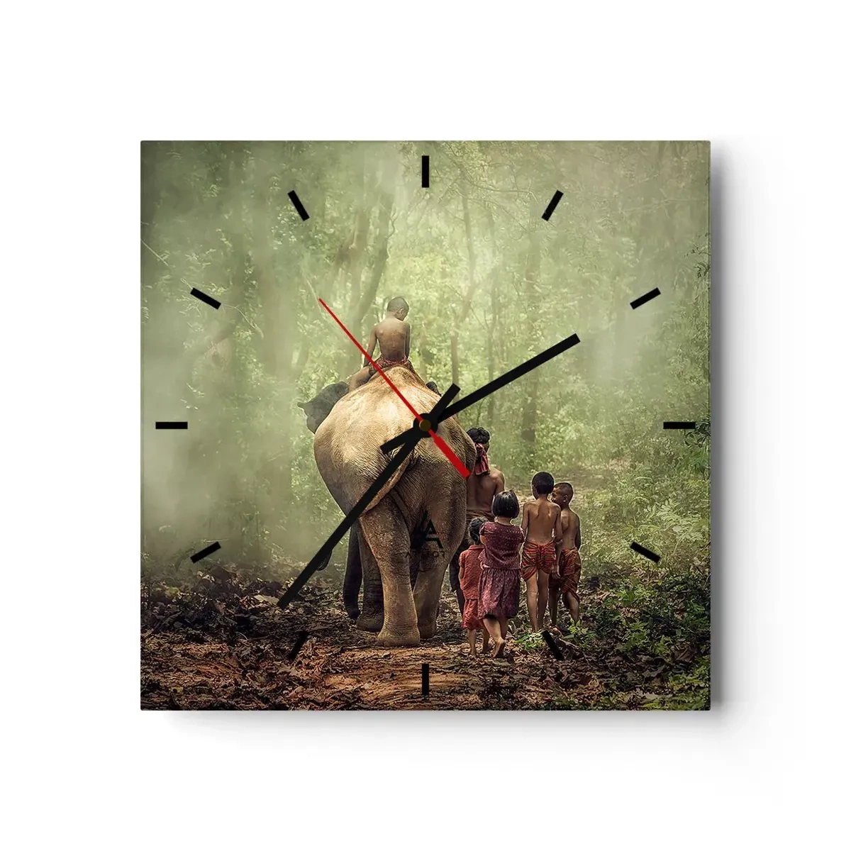 Orologio da parete - Orologio in Vetro - Bambini con un elefante in una foresta verde alla luce del mattino - 30x30cm - Il nuovo Libro della Giungla - Decorazione murale moderna per soggiorno e camera da letto ARTTOR