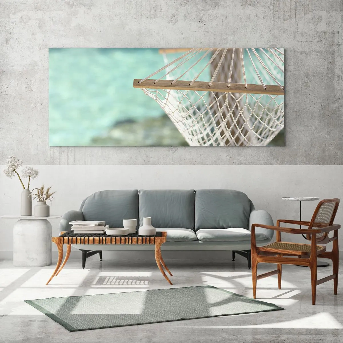 Quadro su vetro - Un'amaca con vista sull'acqua turchese - 120x50cm - Tempo di relax - Decorazione murale moderna per soggiorno e camera da letto ARTTOR