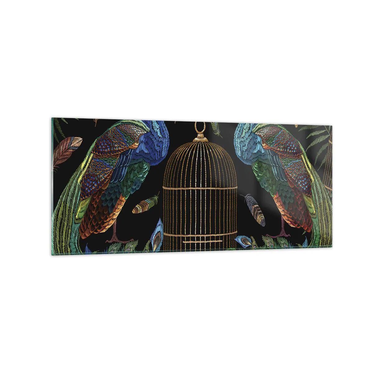 Quadro su vetro - Pavoni accanto a una gabbia dorata su sfondo nero - 120x50cm - Con gli abiti reali - Decorazione murale moderna per soggiorno e camera da letto ARTTOR