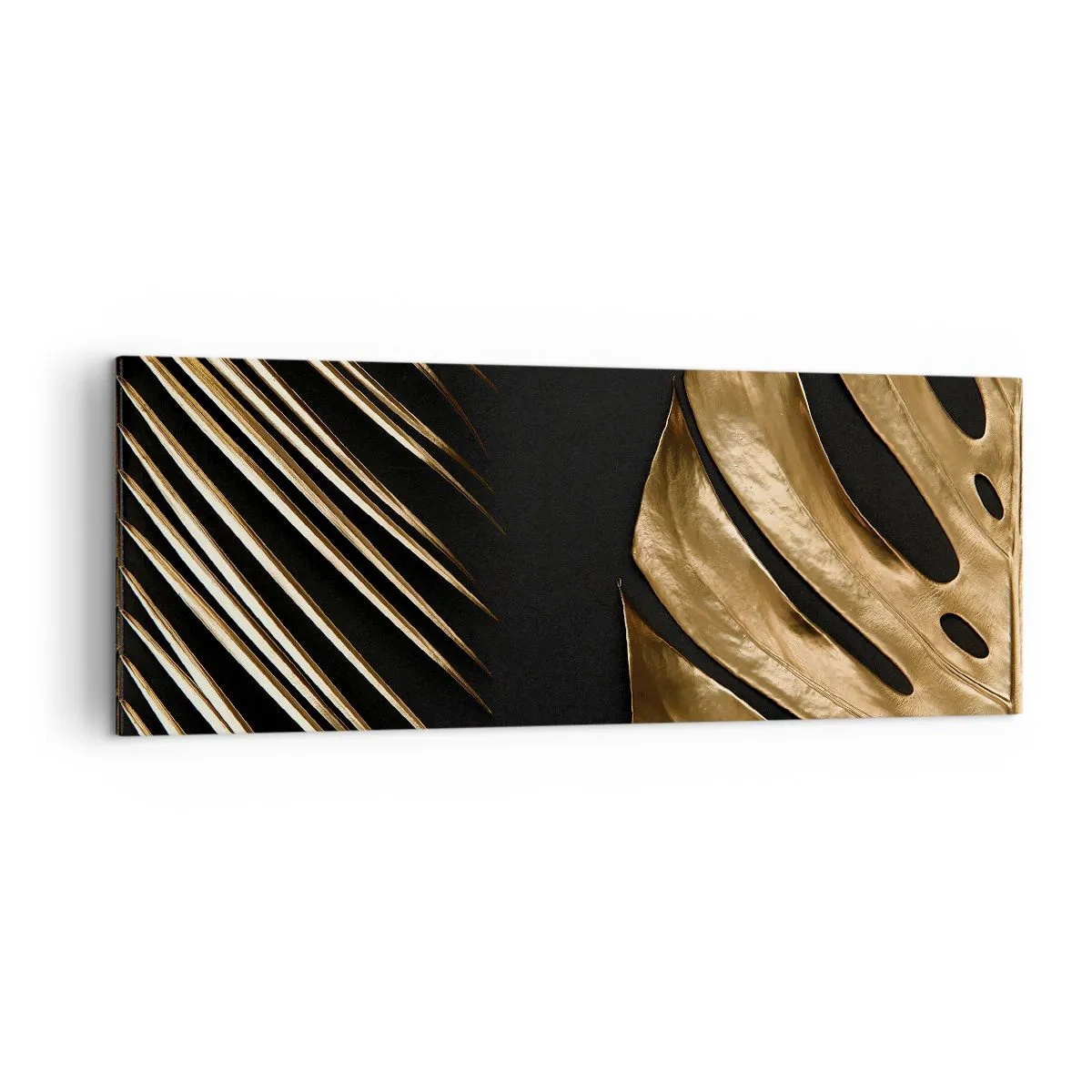 Quadro su tela - Stampe su Tela - Foglie dorate su sfondo nero - 140x50cm - Diverse, ma ugualmente care - Decorazione murale moderna per soggiorno e camera da letto ARTTOR