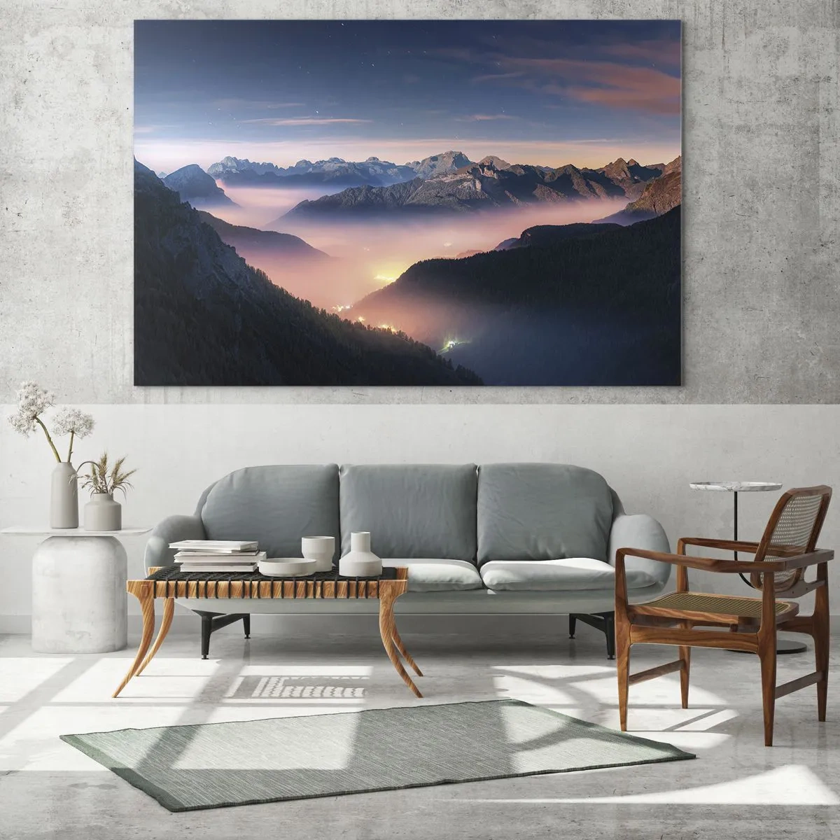 Quadro su vetro - Paesaggio montano al tramonto con nebbia nella valle - 70x50cm - La luce nelle valli - Decorazione murale moderna per soggiorno e camera da letto ARTTOR