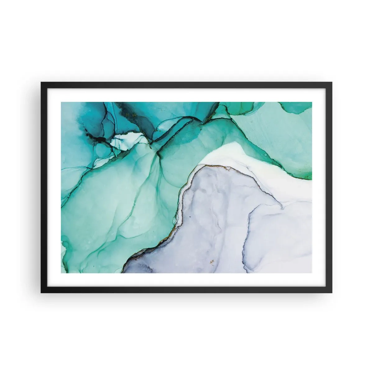 Poster in cornice nera - Motivo astratto nei toni del turchese e del bianco - 70x50cm - Studio in turchese - Decorazione murale moderna per soggiorno e camera da letto ARTTOR