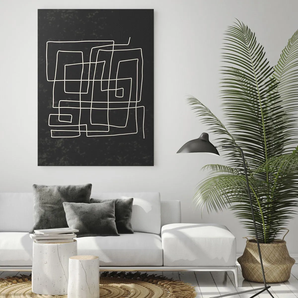 Quadro su vetro - Astrazione geometrica con linee bianche su sfondo nero - 50x70cm - Non è così semplice - Decorazione murale moderna per soggiorno e camera da letto ARTTOR