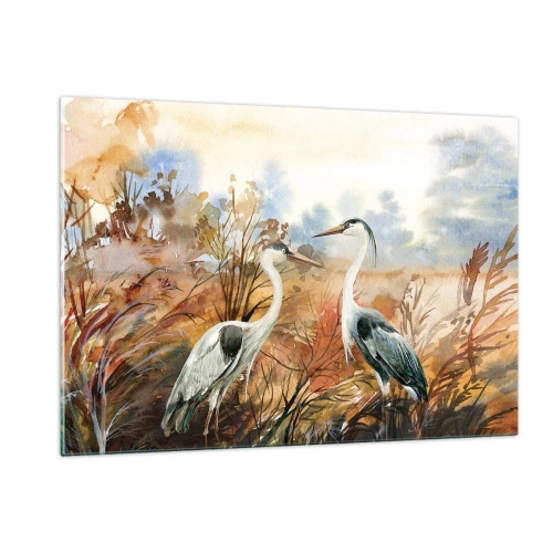 Quadro su vetro - Due gru in un paesaggio autunnale dipinto ad acquerello - 120x80cm - Dove in autunno? - Decorazione murale moderna per soggiorno e camera da letto ARTTOR