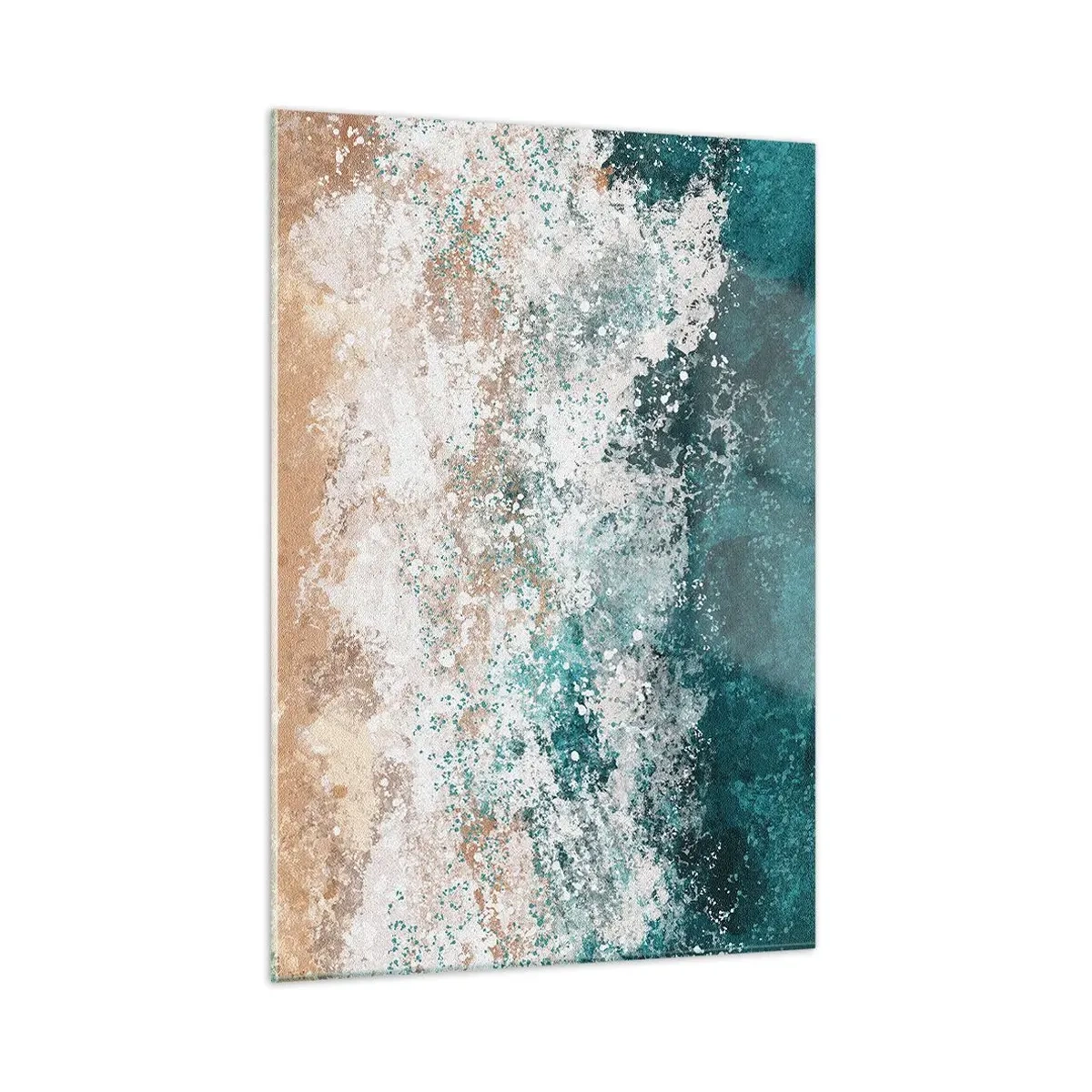 Quadro su vetro - Onda marina astratta nei toni del turchese, bianco e beige sabbia - 50x70cm - Storie di mare - Decorazione murale moderna per soggiorno e camera da letto ARTTOR