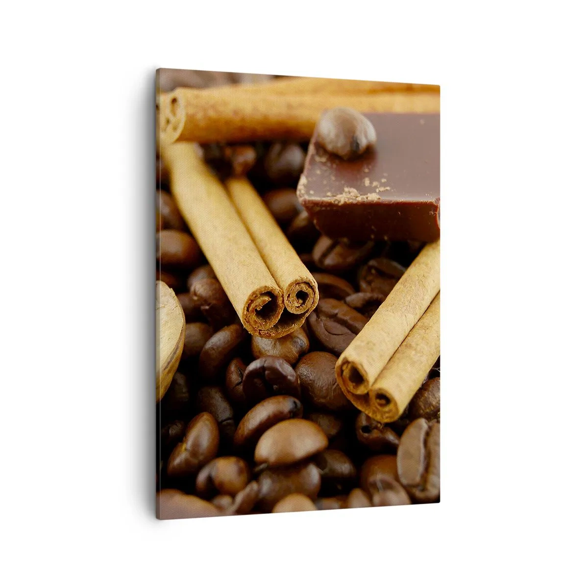 Quadro su tela - Stampe su Tela - Chicchi di caffè con bastoncini di cannella, cioccolato e noci. - 50x70cm - Concerto di sapori - Decorazione murale moderna per soggiorno e camera da letto ARTTOR
