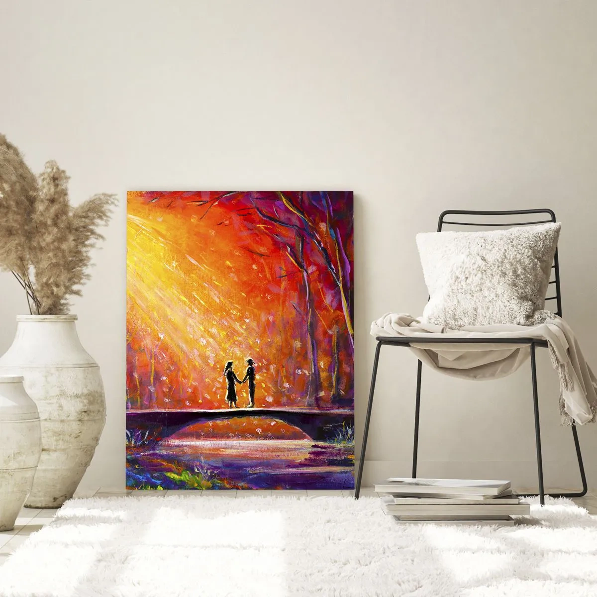 Quadro su vetro - Coppia romantica su un ponte nella foresta autunnale - 70x100cm - Anche il cielo li ama - Decorazione murale moderna per soggiorno e camera da letto ARTTOR