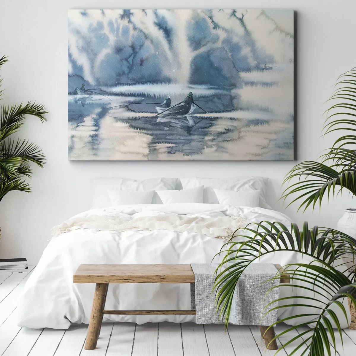 Quadro su tela - Stampe su Tela - Paesaggio ad acquerello con barche su un lago circondato da una foresta nebbiosa - 100x70cm - I pescatori nel loro paradiso - Decorazione murale moderna per soggiorno e camera da letto ARTTOR