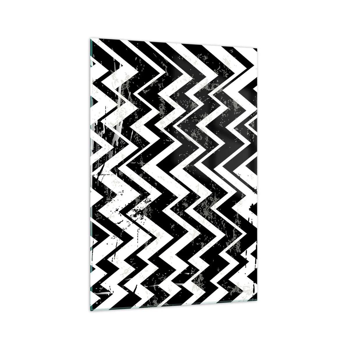 Quadro su vetro - Motivo a zigzag bianco e nero con abrasioni artistiche - 70x100cm - Zig-bianco, zag-nero - Decorazione murale moderna per soggiorno e camera da letto ARTTOR