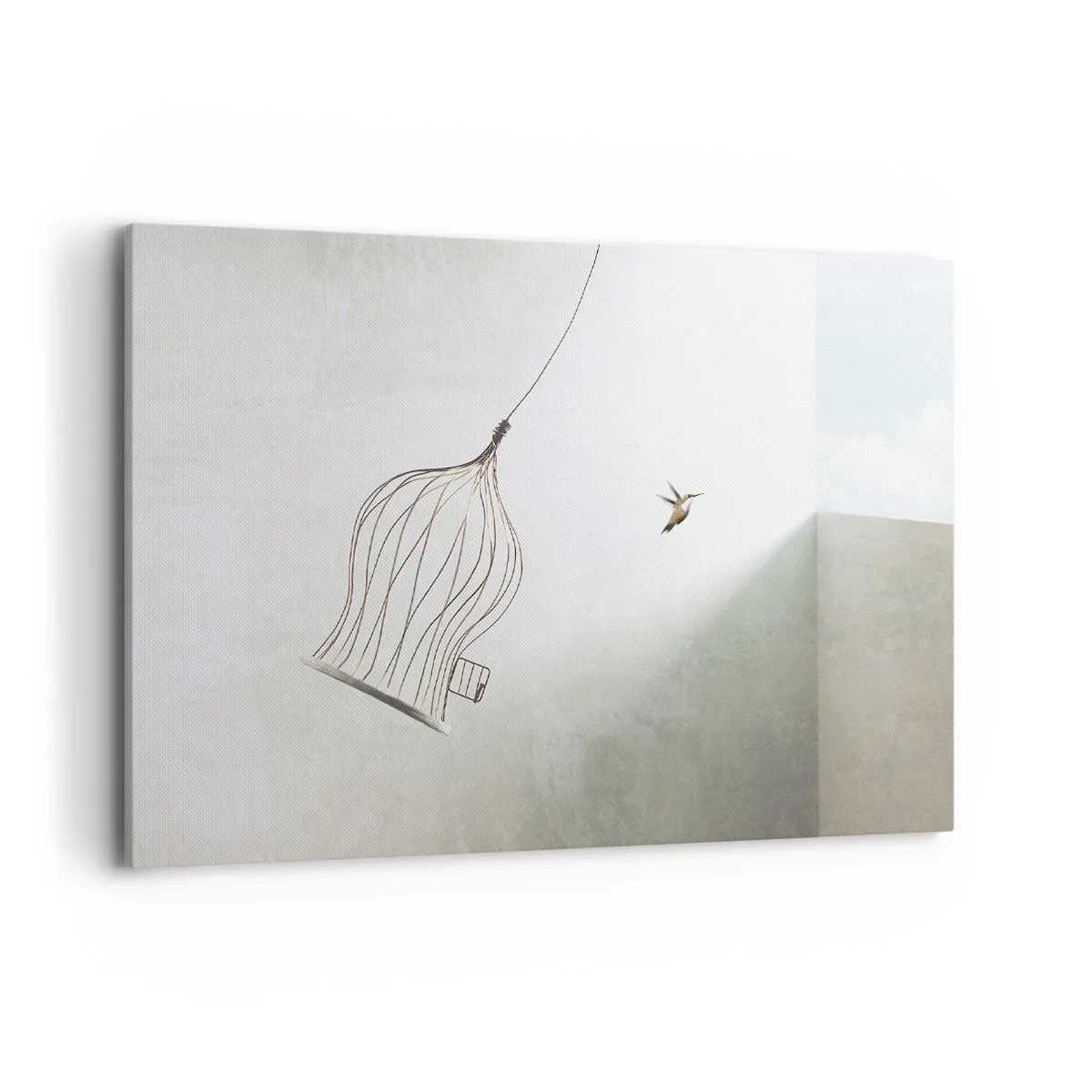 Quadro su tela - Stampe su Tela - Un uccello liberato da una gabbia sullo sfondo di un cielo luminoso - 120x80cm - Nel proprio elemento - Decorazione murale moderna per soggiorno e camera da letto ARTTOR