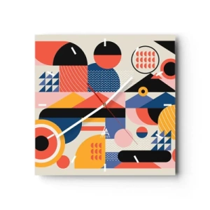 Orologio da parete - Orologio in Vetro - Forme geometriche colorate in stile retrò - 30x30cm - Composizione: divertiti - Decorazione murale moderna per soggiorno e camera da letto ARTTOR