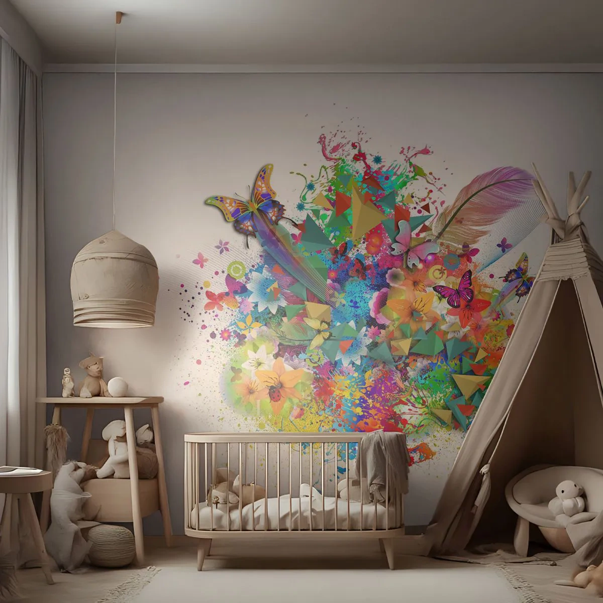Fotomurali Premium Sand - Astrazione colorata con farfalle e fiori - 100x70cm - Un mazzo di gioia - Decorazione murale moderna per soggiorno e camera da letto ARTTOR