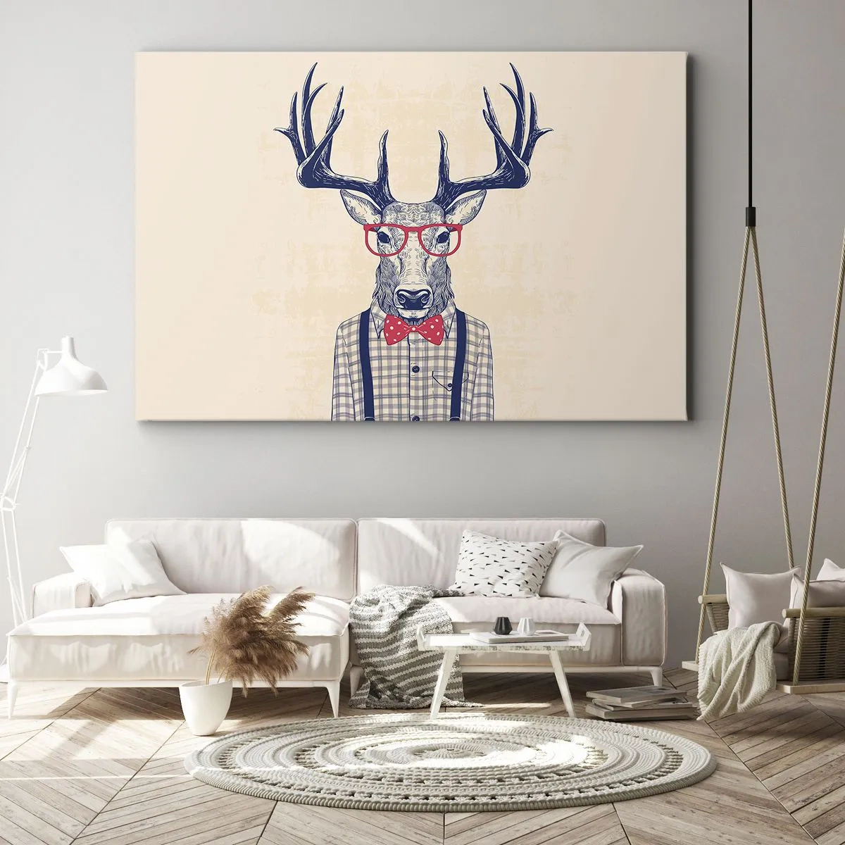 Quadro su tela - Stampe su Tela - Grafica stilizzata di un cervo con occhiali e papillon - 70x50cm - Divertente stravaganza - Decorazione murale moderna per soggiorno e camera da letto ARTTOR