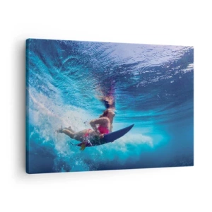 Quadro su tela - Stampe su Tela - Un surfista sott'acqua in una composizione dinamica nei toni del blu. - 70x50cm - La profondità della gioia - Decorazione murale moderna per soggiorno e camera da letto ARTTOR