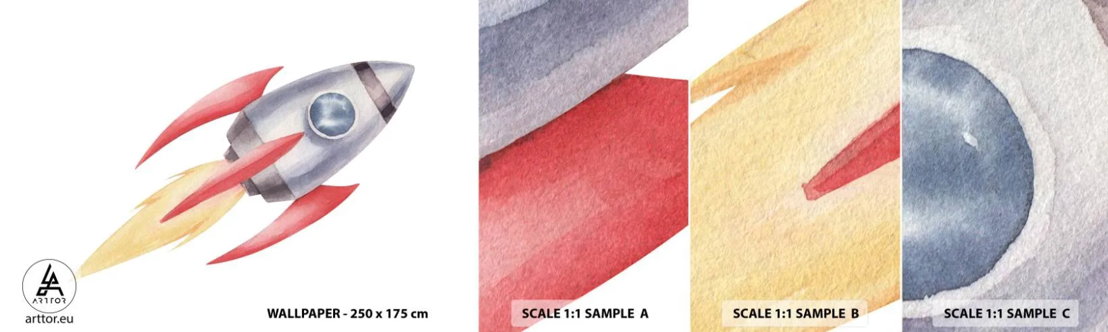 Campione di Fotomurale Adesivo Deluxe Sticker - Più in alto, più veloce, più lontano - Un razzo spaziale, Bambini, Cosmo - 100x30 cm