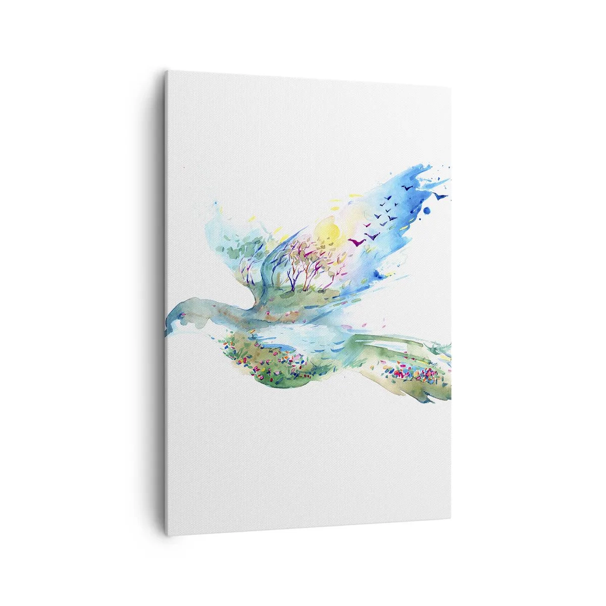 Quadro su tela - Stampe su Tela - Composizione ad acquerello di un uccello con elementi della natura - 70x100cm - Sulle ali della natura - Decorazione murale moderna per soggiorno e camera da letto ARTTOR