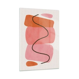 Quadro su vetro - Forme astratte in rosa e arancione con una linea nera - 50x70cm - Il delicato movimento delle forme - Decorazione murale moderna per soggiorno e camera da letto ARTTOR