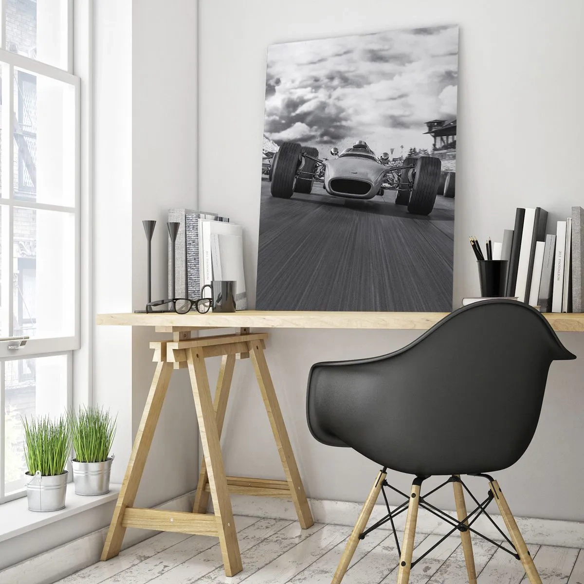 Quadro su vetro - Gara di auto d'epoca su una pista in bianco e nero - 50x70cm - C'è la forza! - Decorazione murale moderna per soggiorno e camera da letto ARTTOR