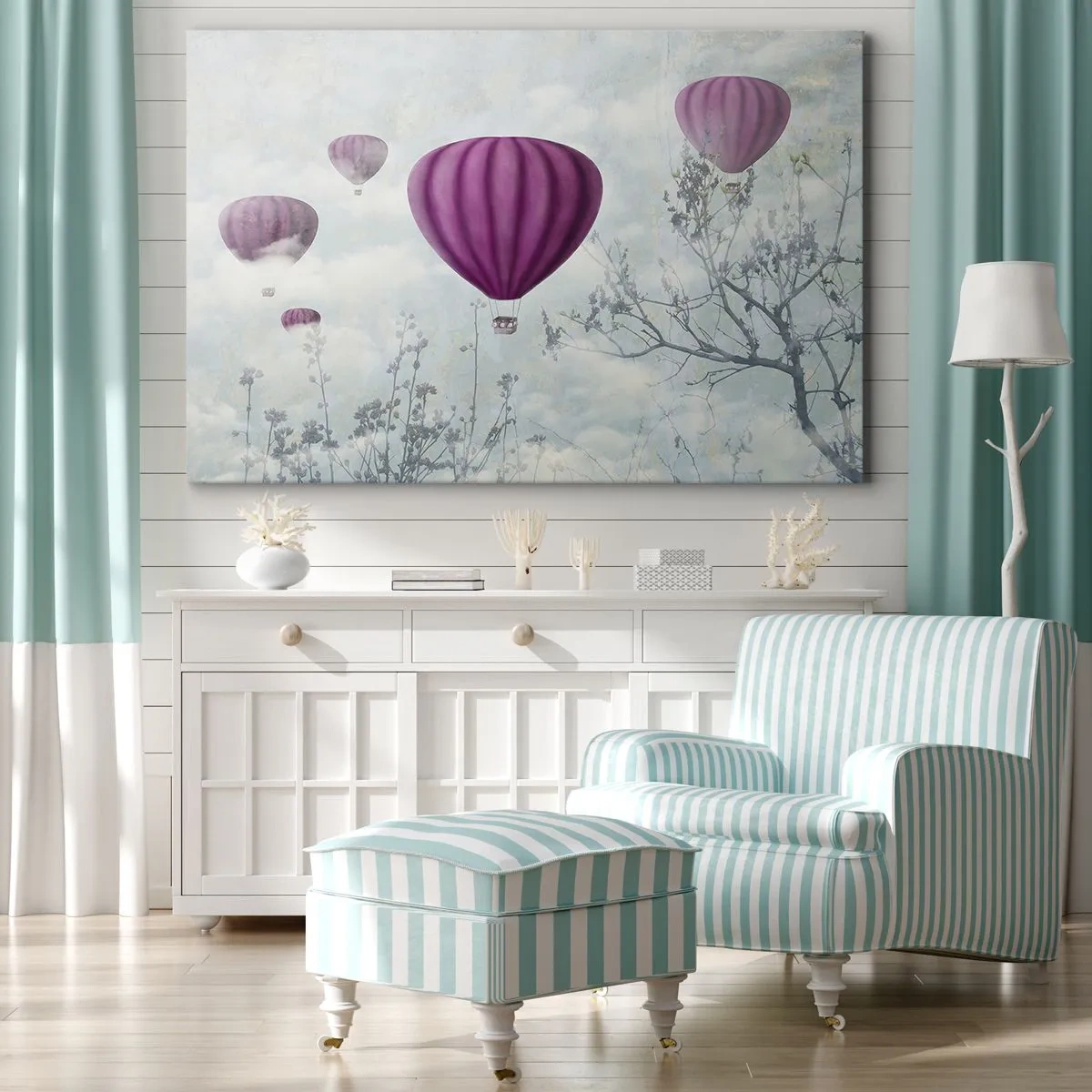 Quadro su tela - Stampe su Tela - Palloncini viola che fluttuano sopra gli alberi tra le nuvole - 120x80cm - Come navi nel cielo - Decorazione murale moderna per soggiorno e camera da letto ARTTOR