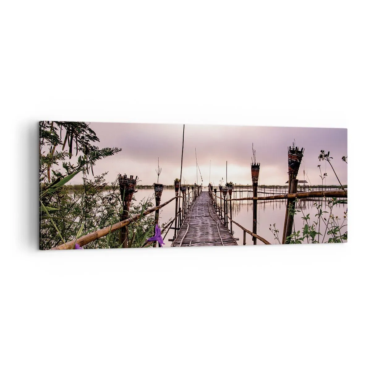 Quadro su tela - Stampe su Tela - Ponte di bambù sull'acqua all'alba - 140x50cm - Pace e silenzio dell'Asia - Decorazione murale moderna per soggiorno e camera da letto ARTTOR