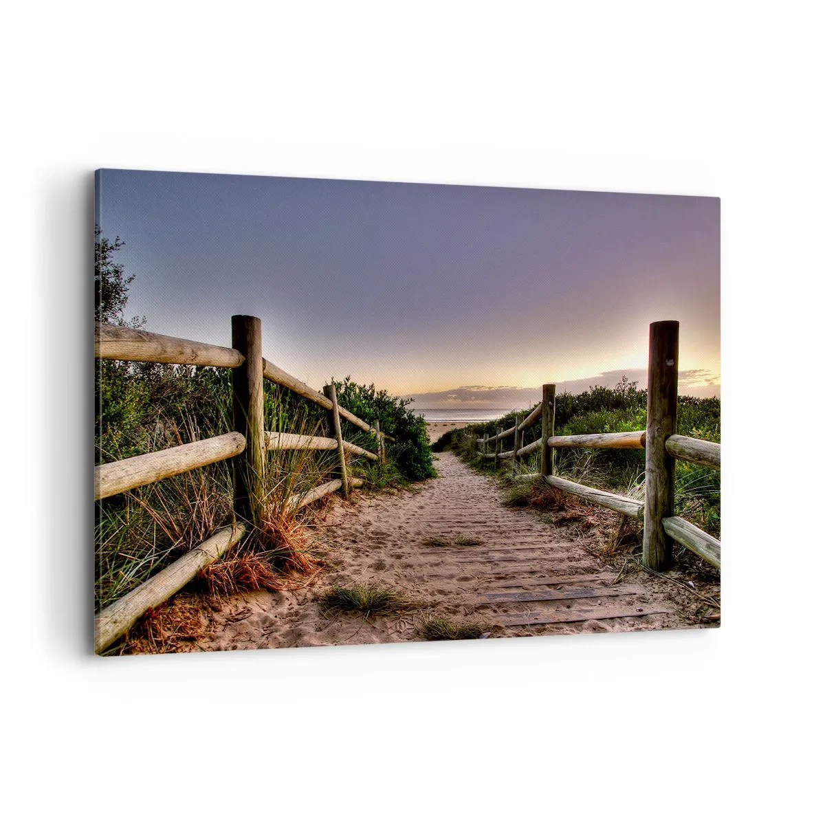 Quadro su tela - Stampe su Tela - Sentiero in legno tra le dune che conduce alla spiaggia al tramonto - 120x80cm - Già si vede la meta - Decorazione murale moderna per soggiorno e camera da letto ARTTOR