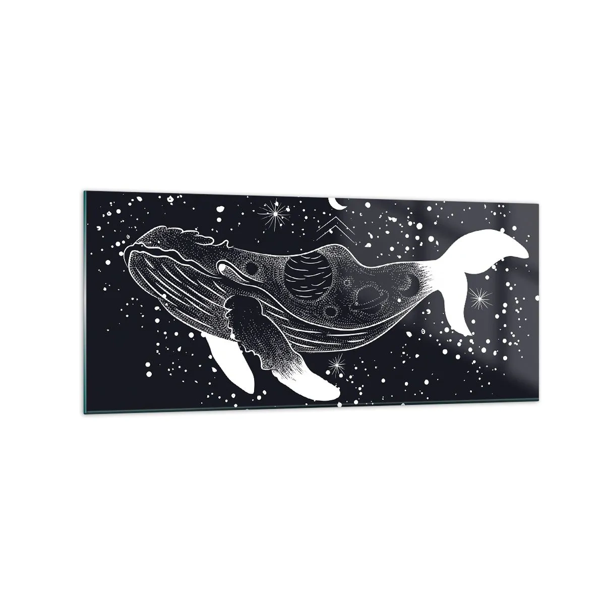 Quadro su vetro - Illustrazione grafica di una balena in stile spaziale. - 120x50cm - Nell'oceano dell'universo - Decorazione murale moderna per soggiorno e camera da letto ARTTOR