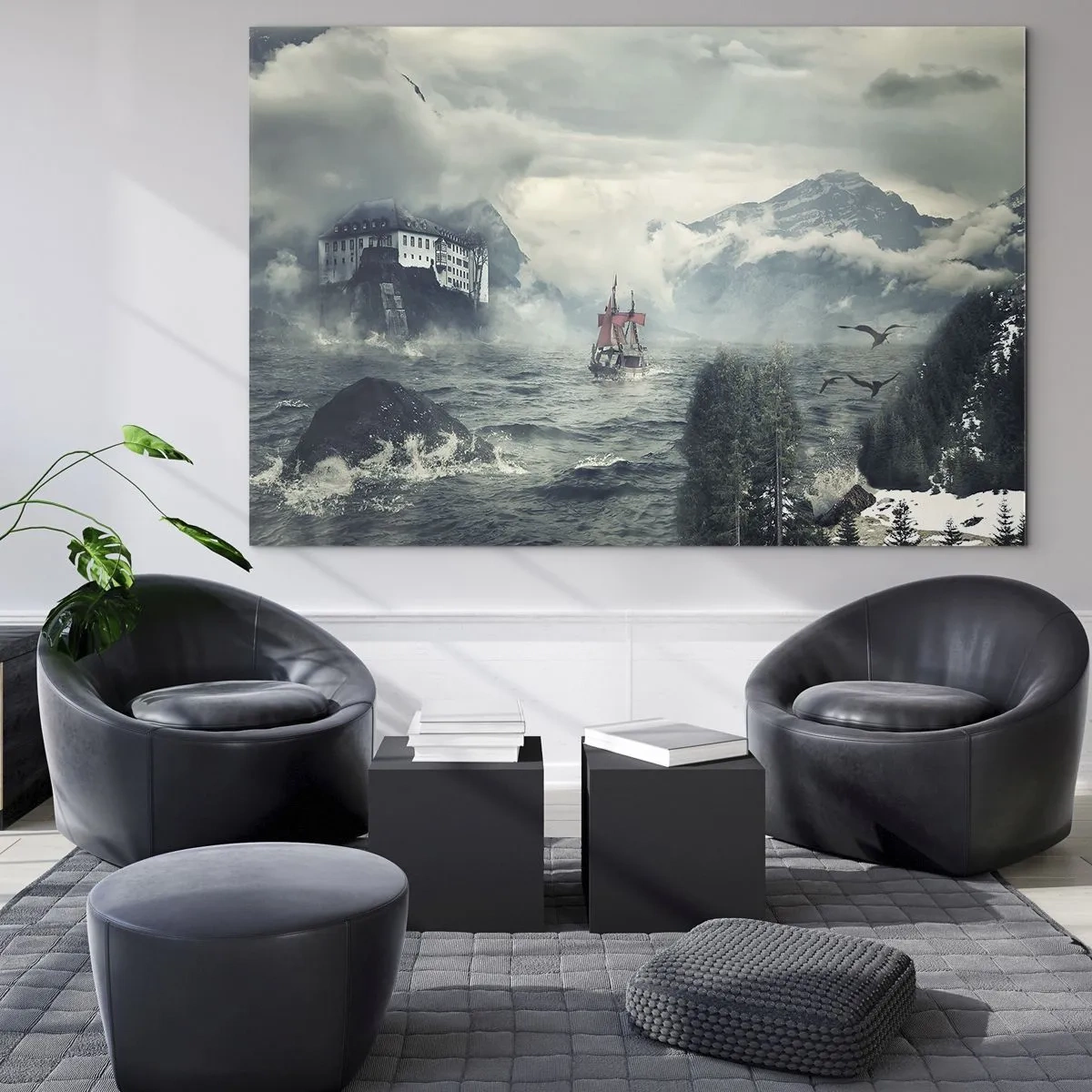 Quadro su vetro - Una nave in un mare in tempesta con un castello sullo sfondo - 70x50cm - Sulle acque magiche - Decorazione murale moderna per soggiorno e camera da letto ARTTOR