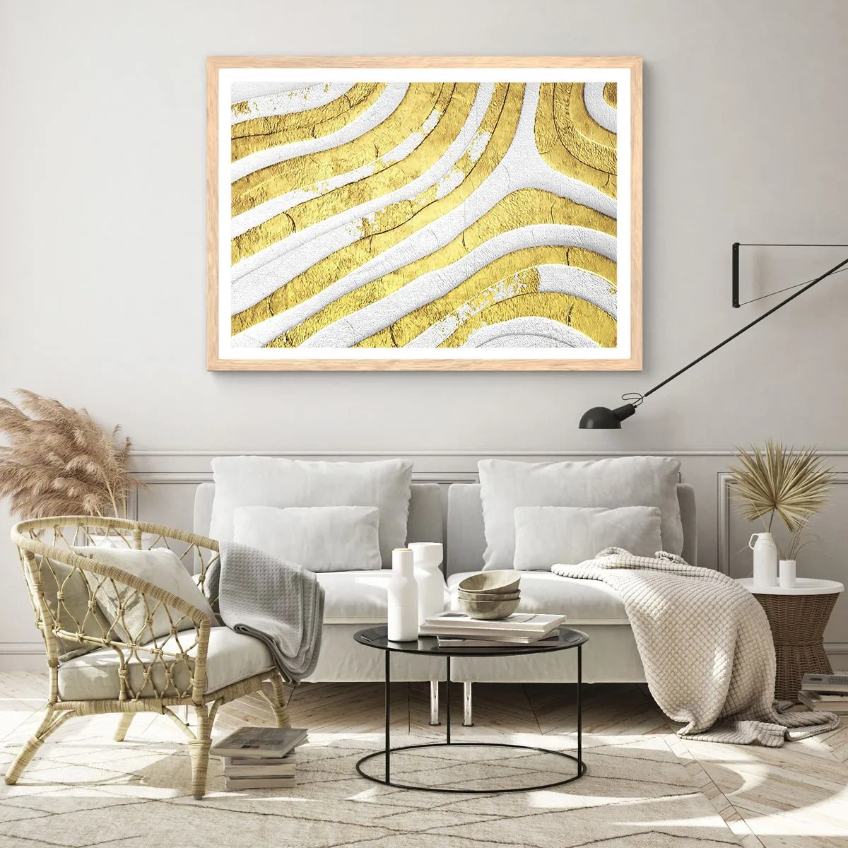 Poster in cornice rovere chiaro - Composizione in bianco e oro - 100x70 cm