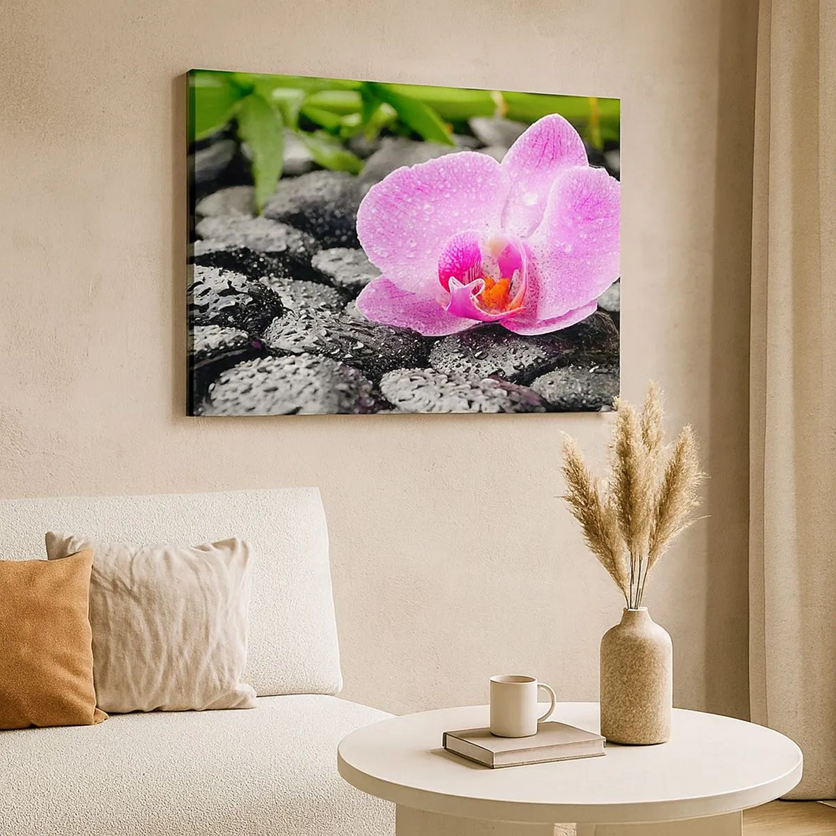 Quadro su tela - Stampe su Tela - Orchidea rosa su pietre nere bagnate con foglie verdi - 70x50cm - Come un cuore aperto - Decorazione murale moderna per soggiorno e camera da letto ARTTOR