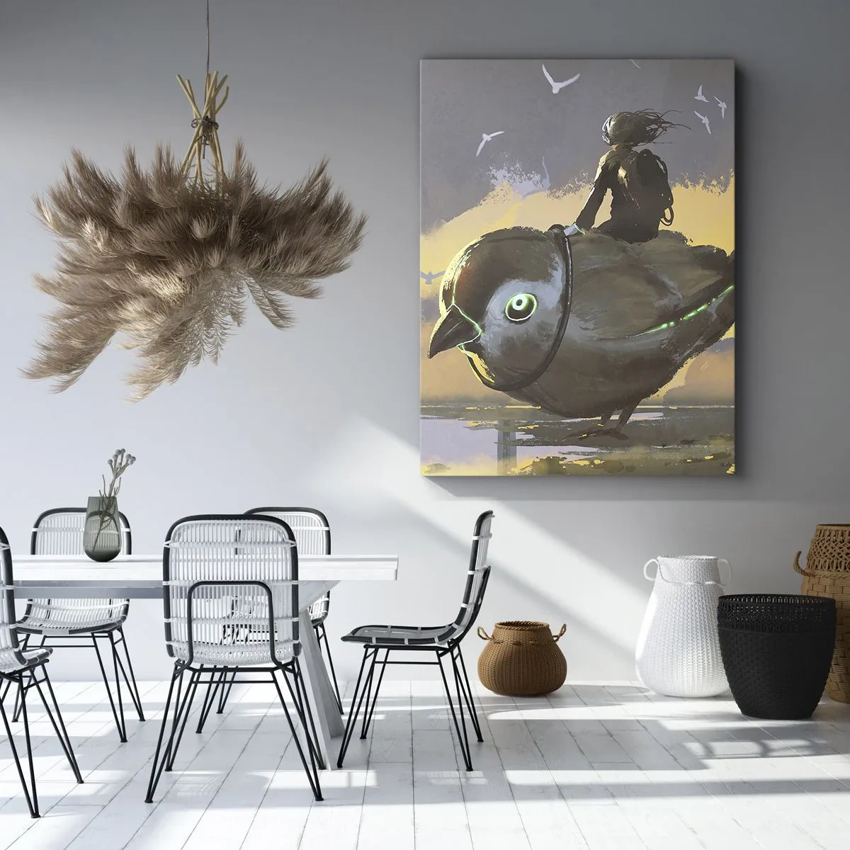 Quadro su tela - Stampe su Tela - Cavaliere su un uccello gigante in un paesaggio surreale - 80x120cm - La sosta di un viaggio fantastico - Decorazione murale moderna per soggiorno e camera da letto ARTTOR