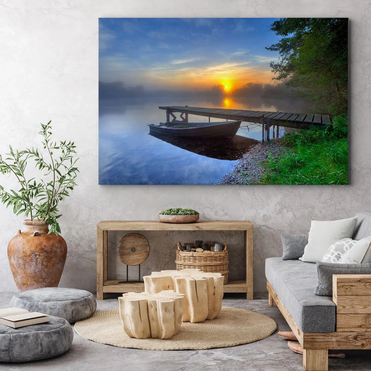 Quadro su tela - Stampe su Tela - Un molo sul lago all'alba con una barca sulla riva - 100x70cm - Come la normalità diventa magica - Decorazione murale moderna per soggiorno e camera da letto ARTTOR