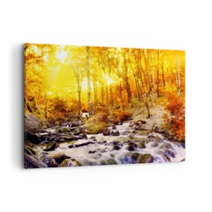 Quadro su tela - Stampe su Tela - Foresta autunnale con ruscello tra foglie dorate - 100x70cm - Pietre incorniciate in oro e platino - Decorazione murale moderna per soggiorno e camera da letto ARTTOR
