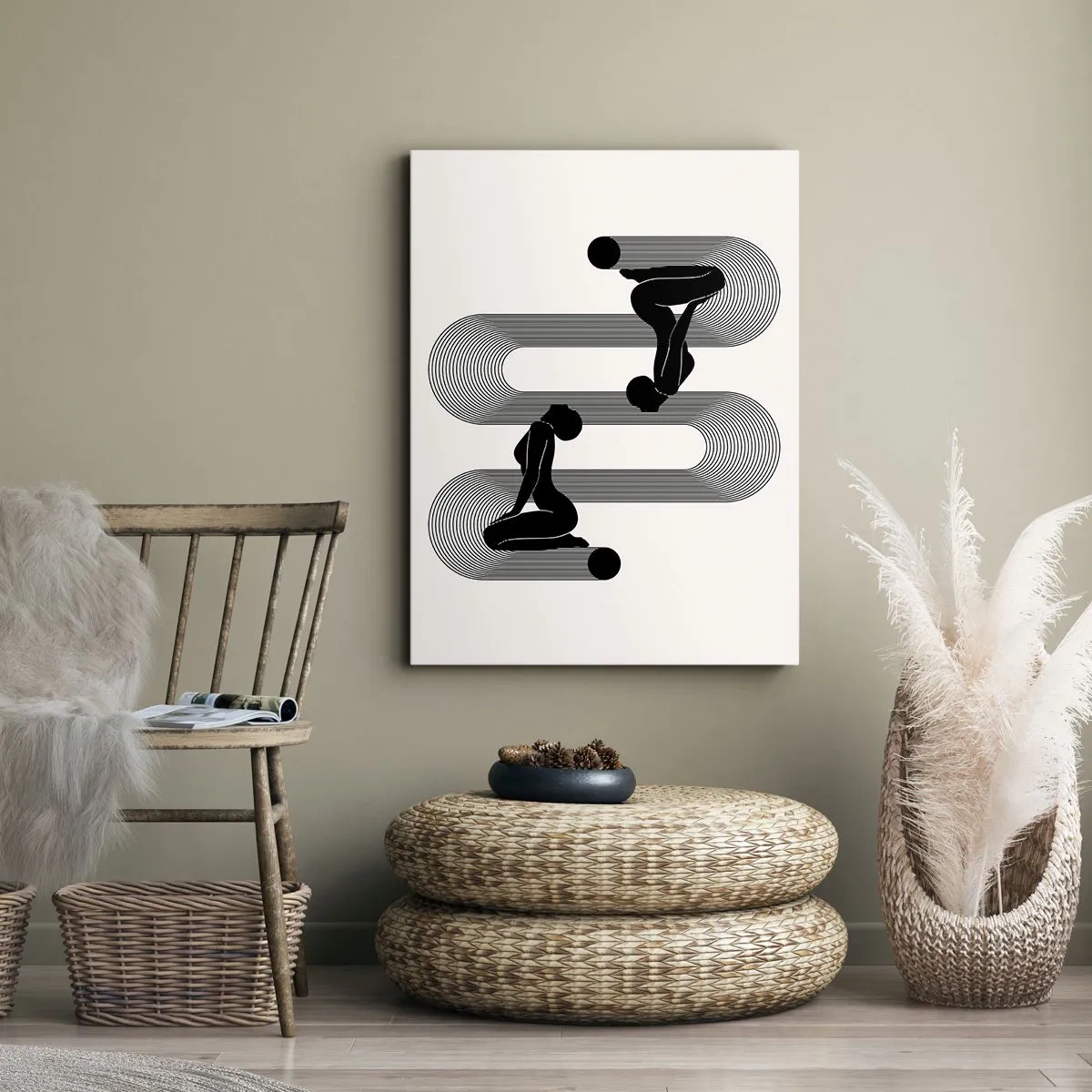 Quadro su tela - Stampe su Tela - Sagome nere con linee geometriche su sfondo chiaro - 50x70cm - Simmetria sensuale - Decorazione murale moderna per soggiorno e camera da letto ARTTOR