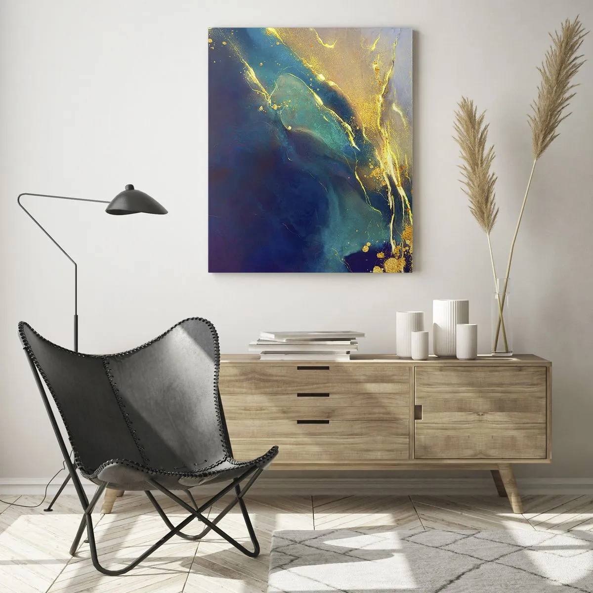 Quadro su vetro - Composizione astratta nei toni del blu e dell'oro su tela - 80x120cm - La palude dorata - Decorazione murale moderna per soggiorno e camera da letto ARTTOR