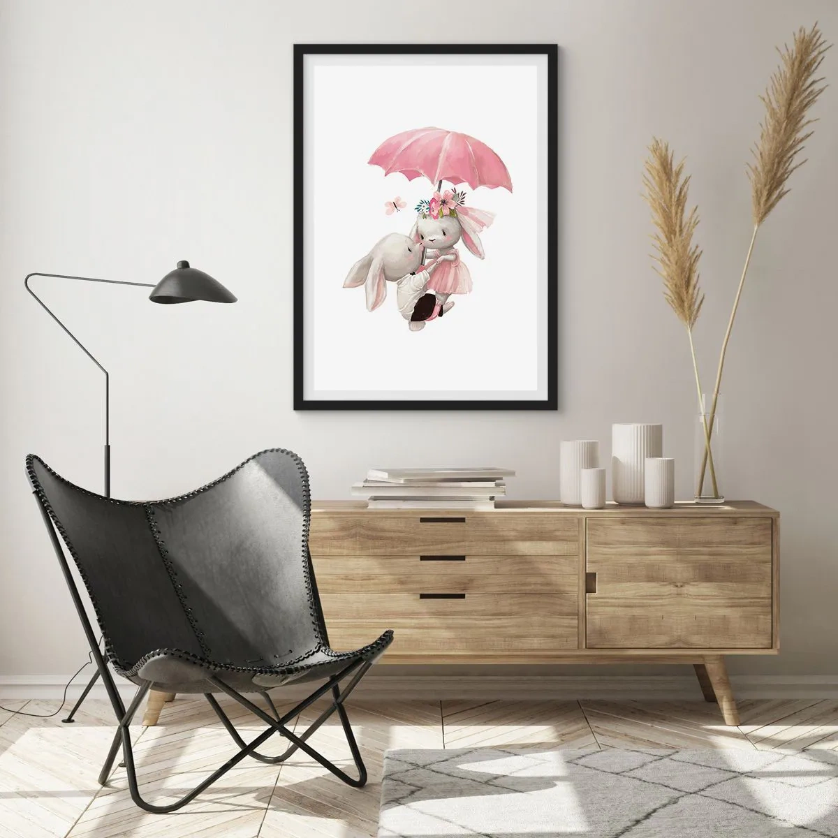 Poster in cornice nera - Coniglietti carini sotto un ombrello rosa - 50x70cm - Questo è proprio amore - Decorazione murale moderna per soggiorno e camera da letto ARTTOR