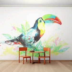 Fotomurali Premium Canvas - Illustrazione ad acquerello di un tucano su uno sfondo tropicale - 100x70cm - Colorato come l'America del Sud - Decorazione murale moderna per soggiorno e camera da letto ARTTOR