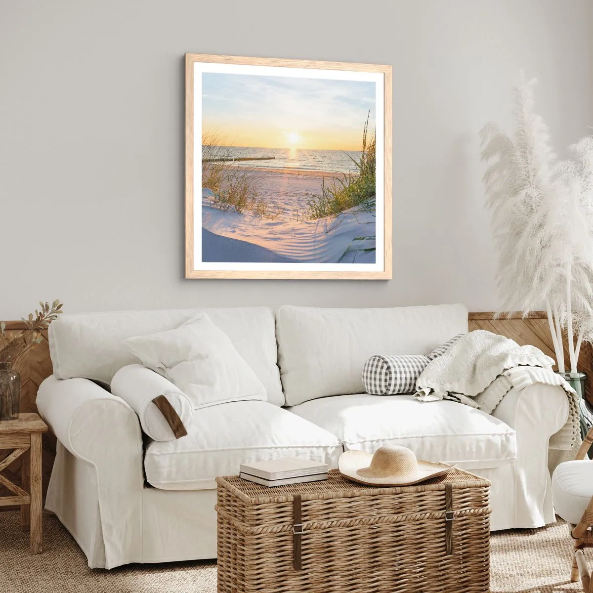 Poster in cornice rovere chiaro - Rumore del mare, uccelli che cantano, spiaggia selvatica tra i cespugli... - 40x40 cm