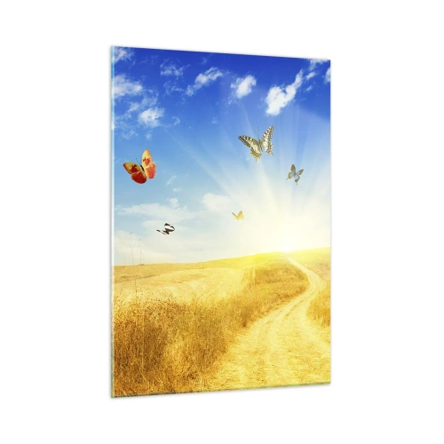 Quadro su vetro - Farfalle che volteggiano su una strada sterrata all'alba - 50x70cm - Come non amare l'estate? - Decorazione murale moderna per soggiorno e camera da letto ARTTOR