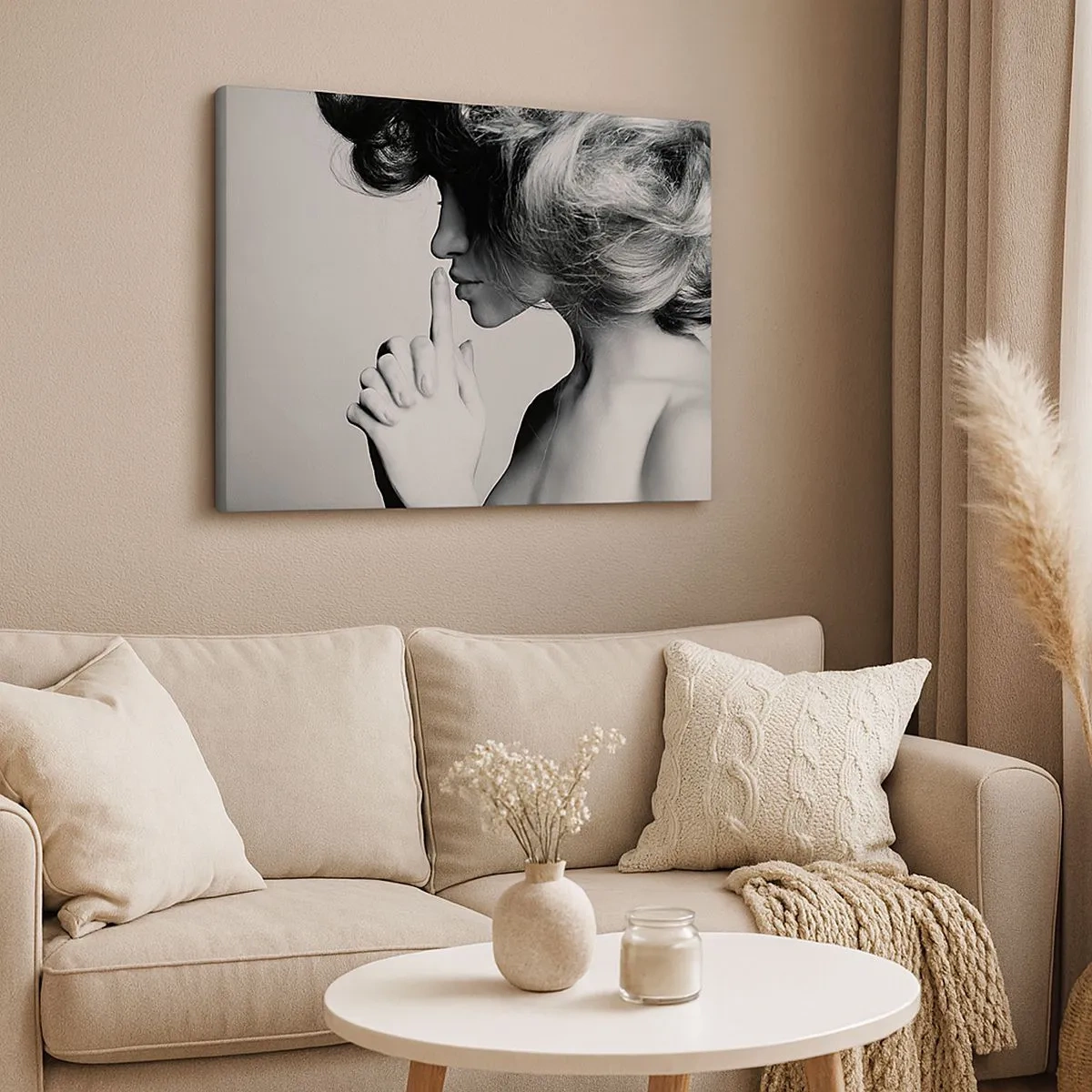 Quadro su tela - Stampe su Tela - Profilo in bianco e nero di una donna che fa un gesto di silenzio - 70x50cm - Ascoltando se stessa - Decorazione murale moderna per soggiorno e camera da letto ARTTOR