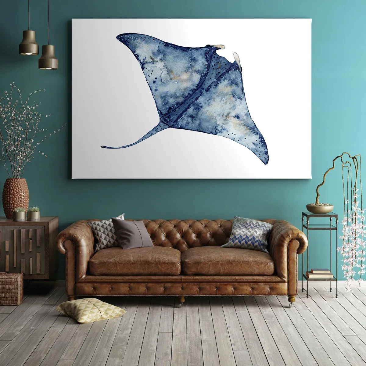 Quadro su tela - Stampe su Tela - Razza blu in stile acquerello su sfondo bianco - 70x50cm - Vita nel blu - Decorazione murale moderna per soggiorno e camera da letto ARTTOR