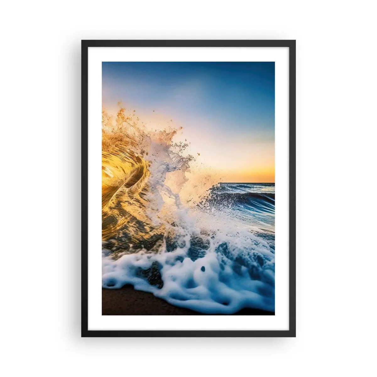 Poster in cornice nera - Un'onda marina dinamica che si infrange sulla riva al tramonto - 50x70cm - Gioco sulla sabbia - Decorazione murale moderna per soggiorno e camera da letto ARTTOR