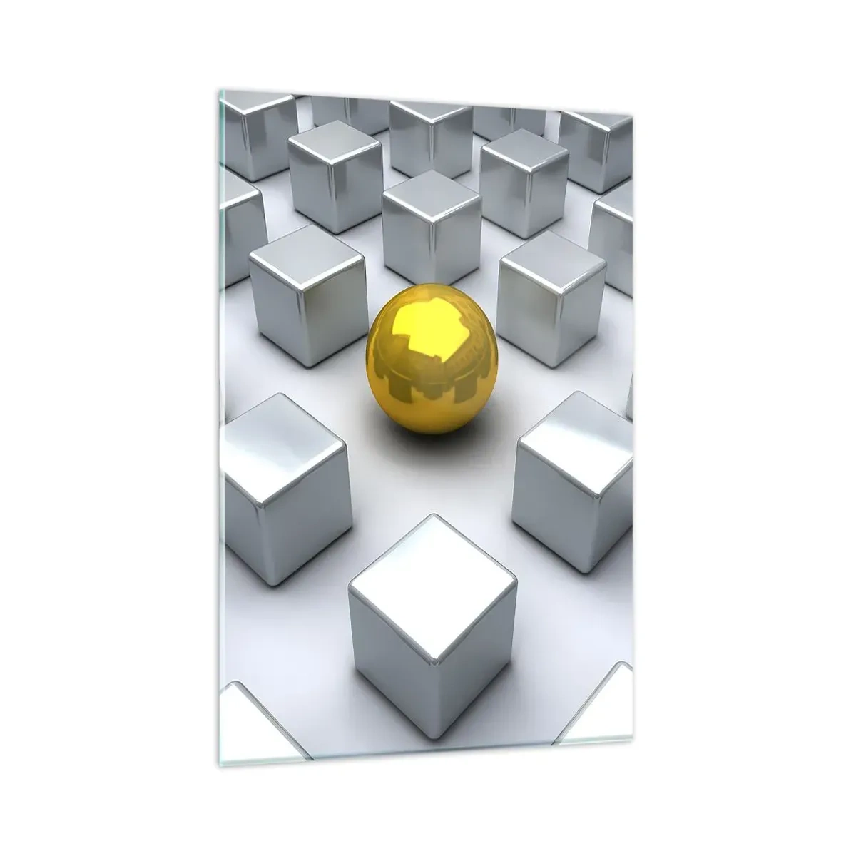Quadro su vetro - Una sfera dorata che spicca tra i cubi d'argento - 80x120cm - Perché io? Composizione geometrica - Decorazione murale moderna per soggiorno e camera da letto ARTTOR